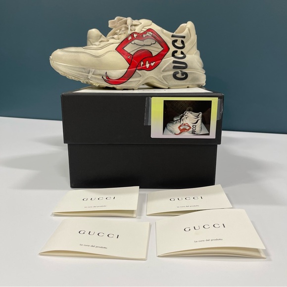 Gucci Shoes - Gucci Ryton Vintage-Look Off-White Black Red Sneakers w Lips Logo SZ 38.5 /W 8.5
